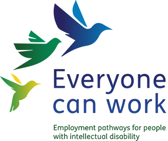 A yellow, green and blue logo containing an image of 3 birds and the words Everyone Can Work