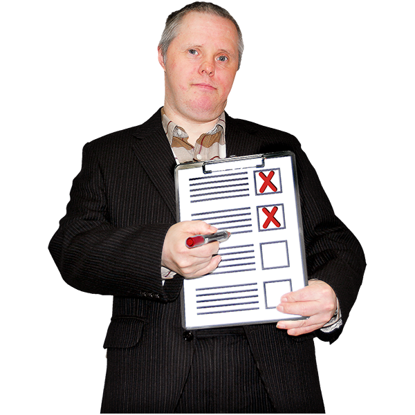 A man holding a clipboard and a red pen. The clipboard shows four checkboxes. Two of these boxes have red crosses in them.