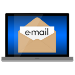 An email icon. The icon has a laptop screen showing a letter saying email coming out of an open brown envelope.