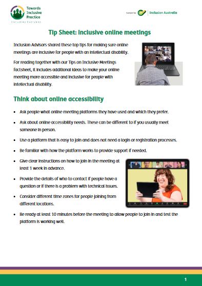 First page of Inclusive Meetings Online tip sheet