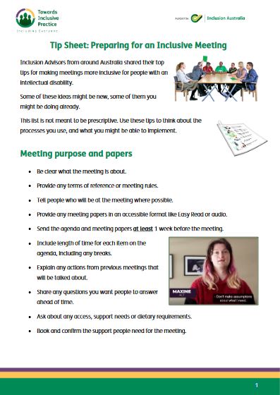 First page of Preparing for an Inclusive Meeting tip sheet